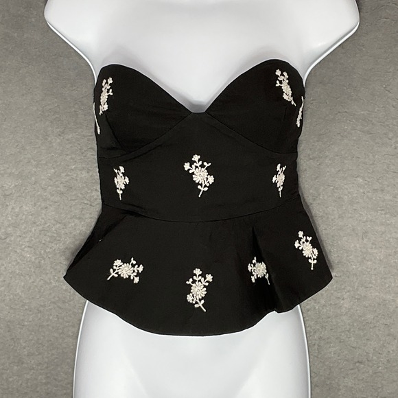 Zara Corset Top Womens Sz S‎ Black Floral Embroidered Strapless Peplum Romantic - Picture 1 of 9